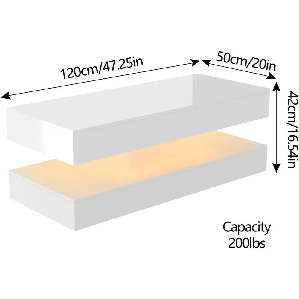 Błyszczący stolik kawowy LED o wysokości 47,3 cala, oświetlenie LED APP, czarno-białe, nowoczesne meble do salonu (białe)