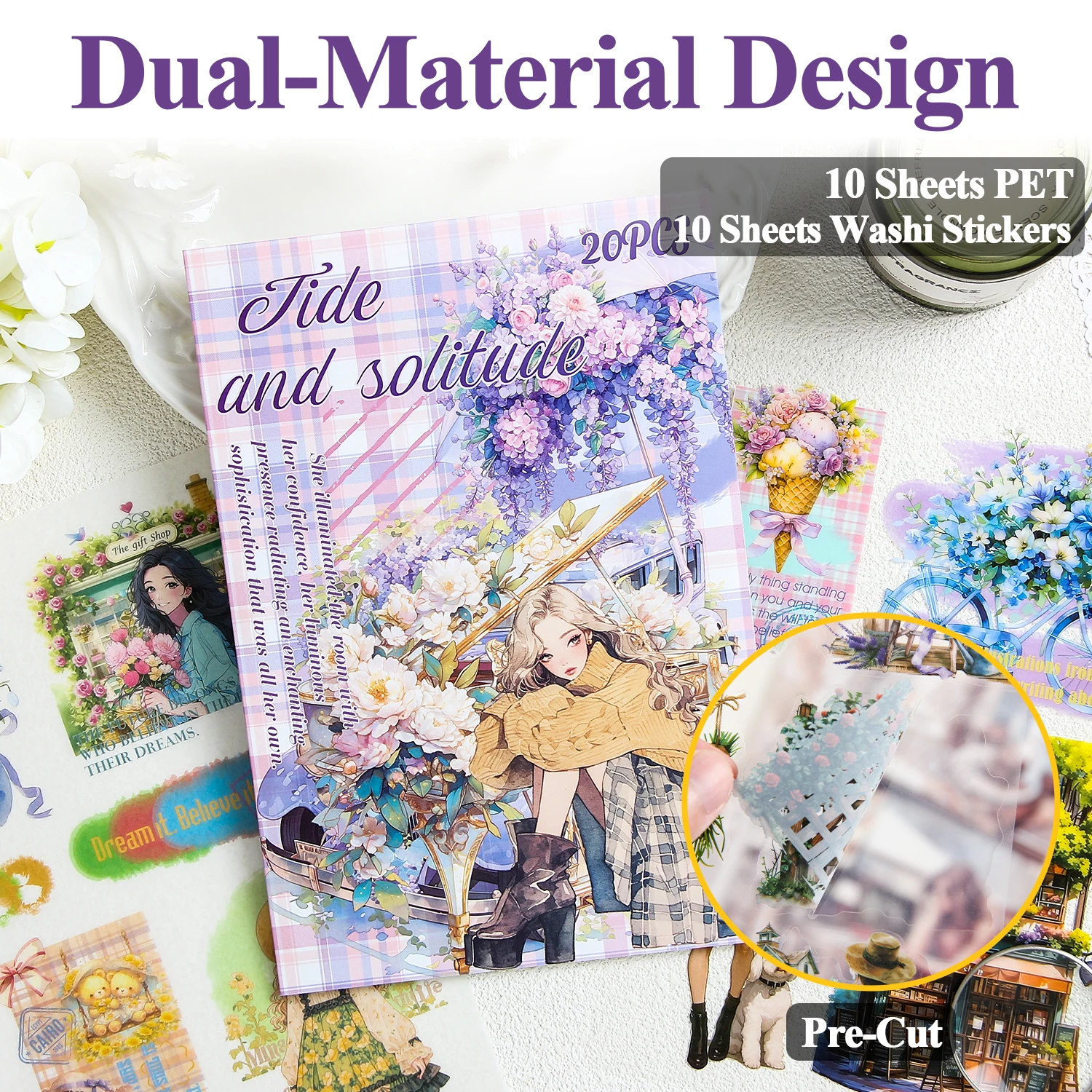 Scrapbook Stickers，20 Sheets Flower Stickers, Journaling Stickers Featuring Windmills, Stamps, Cars, for Journals, Planners, Col