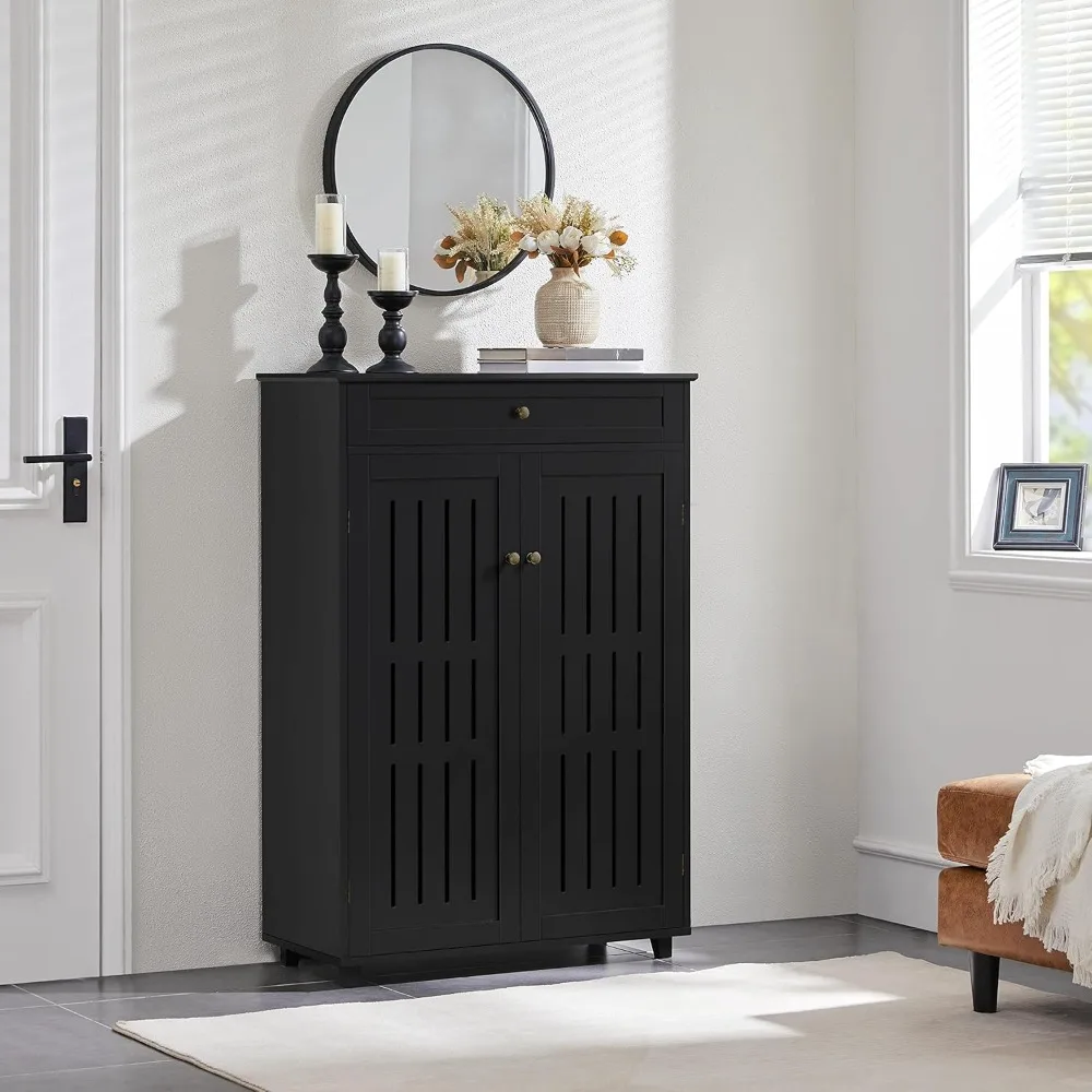 Storage Cabinet Floor Storage Organizer Wooden Cabinet with Drawer 2 Doors for Entryway Living Room Furniture Black