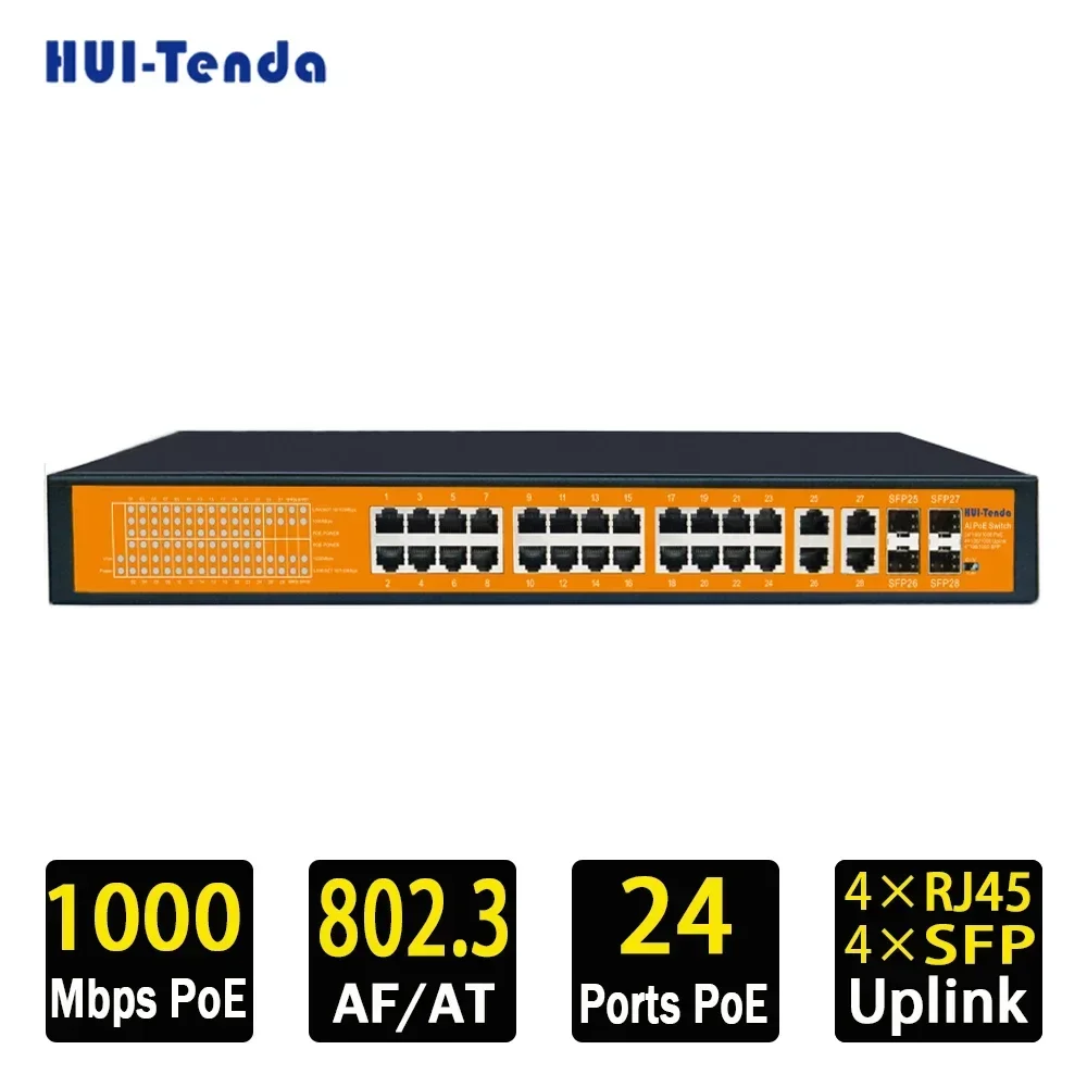 Huitenda Full Gigabit POE Switch 24 Ports 10/100/1000Mbps Network RJ45 Switch 4*1Gbps Uplink Port+4*SFP port for IP camera/NVR