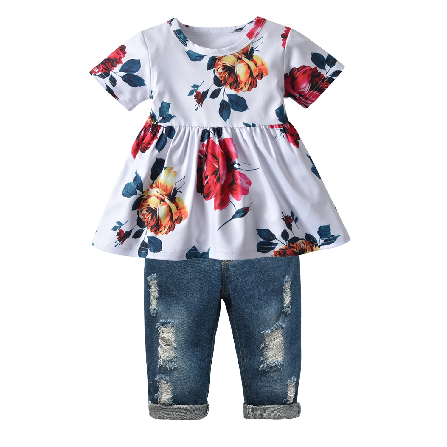 1 2 3 4 5Y Toddler Kids Girls Summer 2PCS Clothes Set Children Girl Short Sleeve Flowers Printed T-Shirts Top + Jeans Outfits