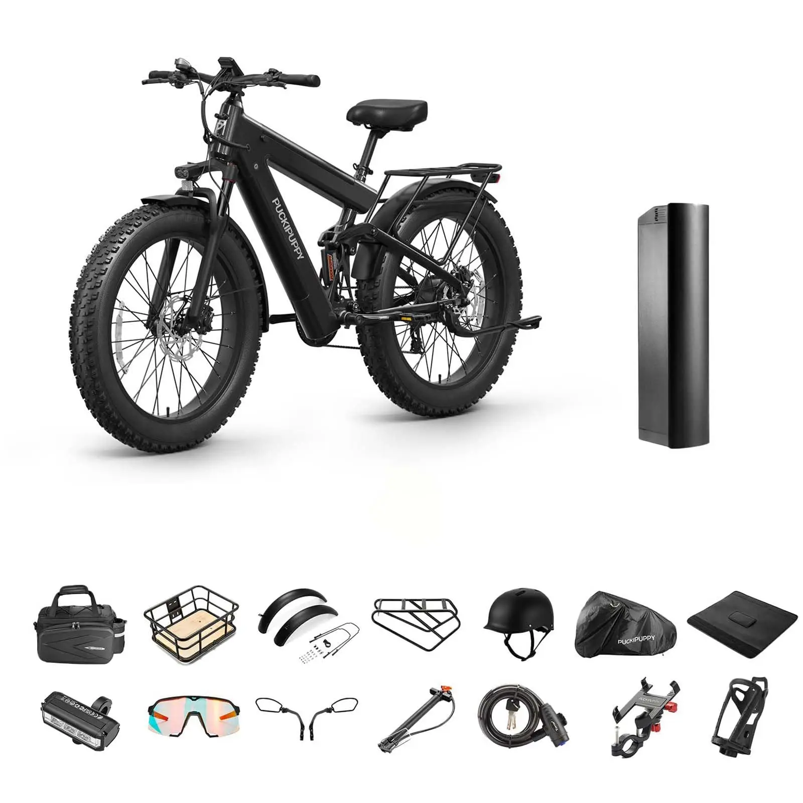 

PUCKIPUPPY Bulldog Dual Battery Ebike Electric Mountain Bike 1350W 48V 30AH with Luxury Accessory Pack and Extra 15Ah Battery