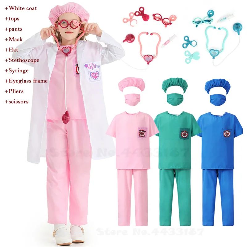 Halloween Kids Doctors Nurses Cosplay Costumes Surgical Gowns Stethoscope Syringe Full Set Role Playing Performance Clothing