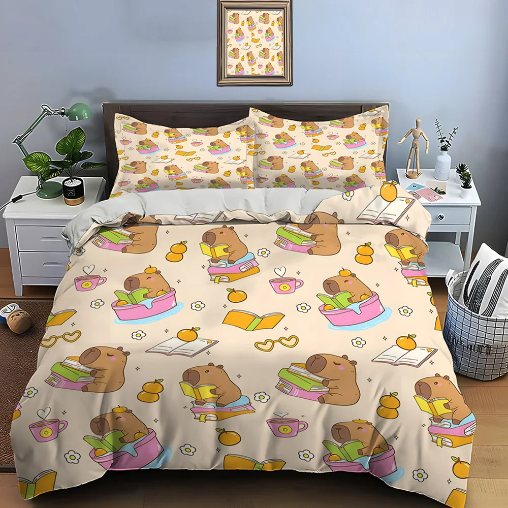 Cartoon Capybara Reading Fun Bedding Set for Kids Luxury Gift 3pcs Digital Print Comforter Set Soft Comfortable Breathable