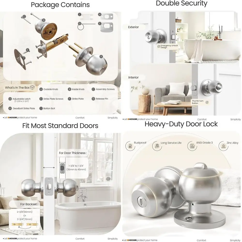 6-Pack Privacy Door Knobs with Lock, Satin Nickel Finish, Suitable for Interior and Bathroom Doors