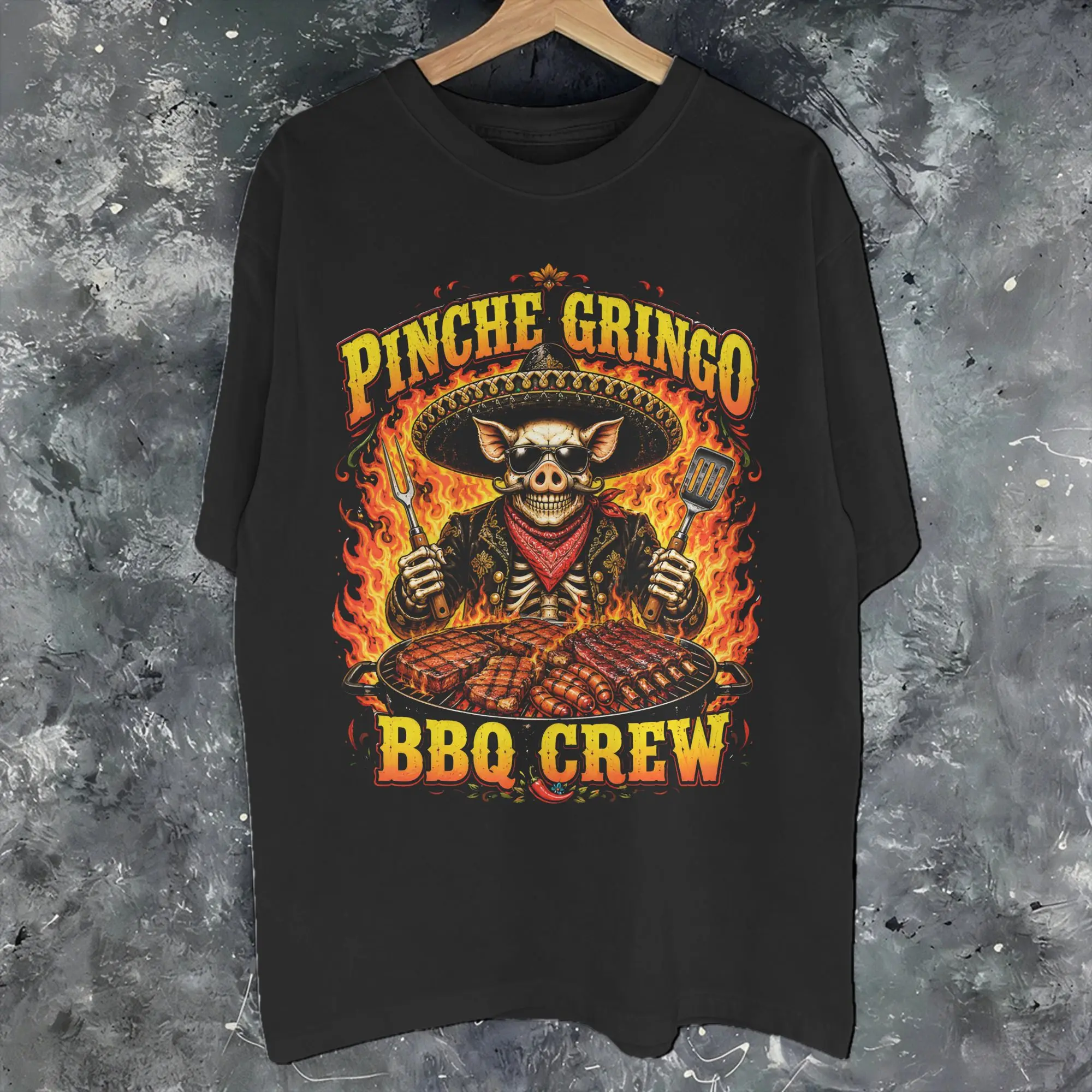 Graphic Printing Pinche Gringo BBQ Crew Skeleton Grilling Beer T Shirt For Unisex  Pure Cotton T-shirts Short Sleeve Clothes
