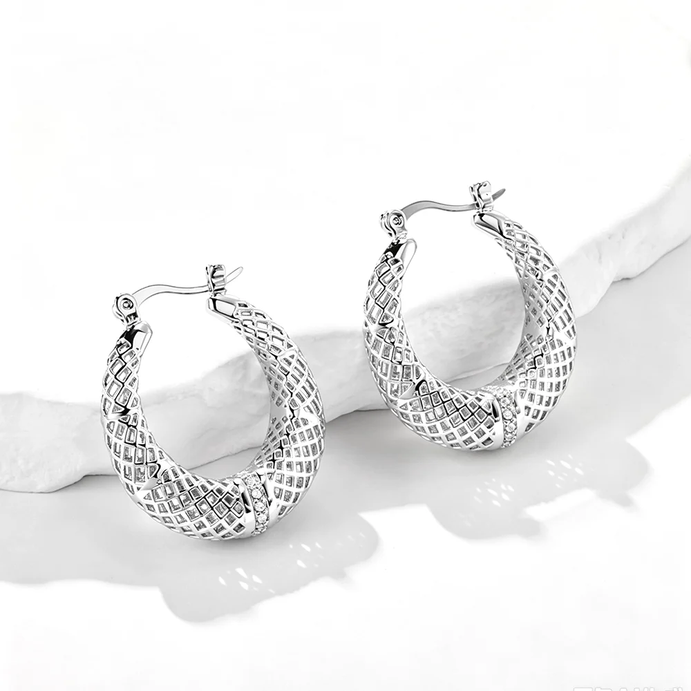 IVOG Women Classic Hollow Grid Hoop Earrings Inlaid Cubic Zirconia Brass Ear Jewelry Daily Wear Party Shopping Gift