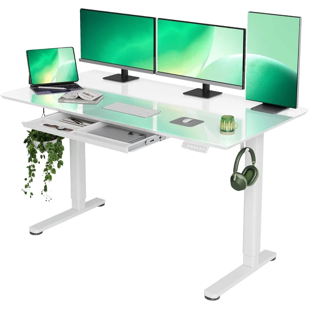 Glass Standing Desk with Drawers, 55×27.6 Inch Adjustable Stand Up Desk Quick Install Home Office Computer Desk, Super White