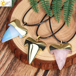CSJA Natural Stone Pendant Necklace for Man Women Shark Tooth Shape Pendants Healing Pink Quartz Crystal Jewelry H403