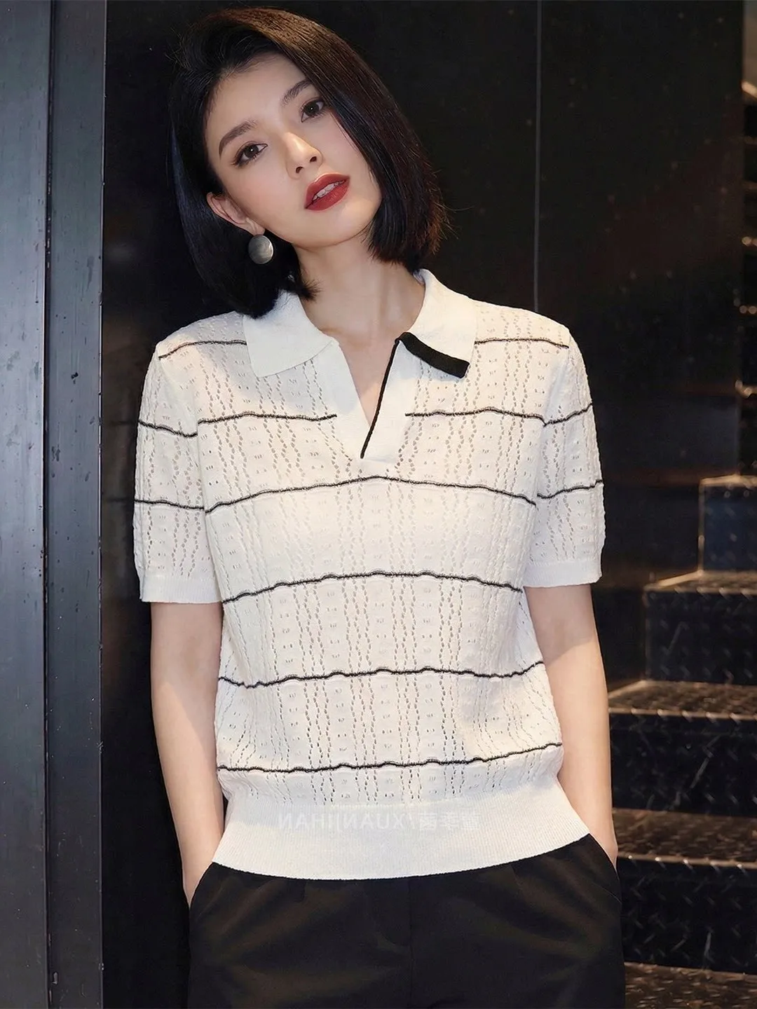 

Oule Spring Summer Luxury Stripe Neck Knitted Shirt Women Short Sleeve Hollow out T-Shirt Korean Style Slim Fit Breathable