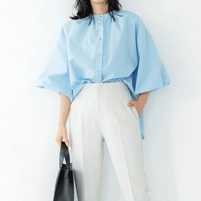 Japan Style Summer Simple Loose Solid Blouses Shirts Half High Collar Three Quarter Sleeve Button Up Shirts Elegant Blusas