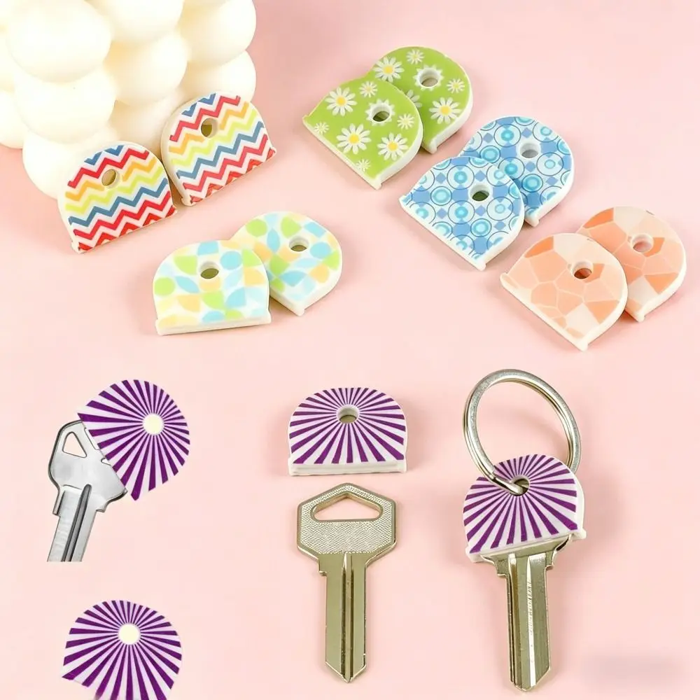 6Pcs Soft Round Shape Key Identifier Flower Pattern Silicone Key Protector Durable Colorful Silicone Key Cover Household