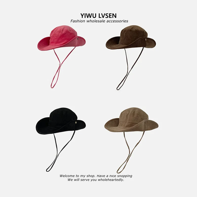 Spring New Corduroy Bucket Hat Women Men Outdoor Camping Climbing Fishing Hat Western Drawstring Cowboy Hat Fisherman Hat