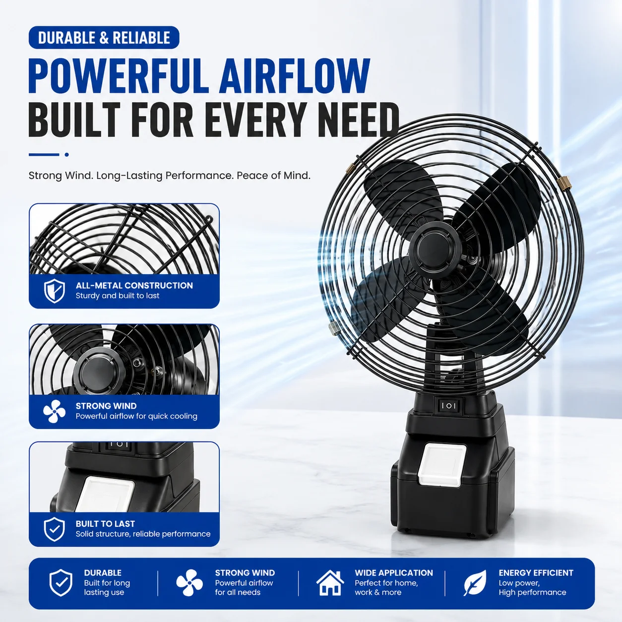 8-inch 2-speed metal fan (Milwaukee/DeWalt battery compatible) – suitable for outdoor camping, job sites, and fishing.