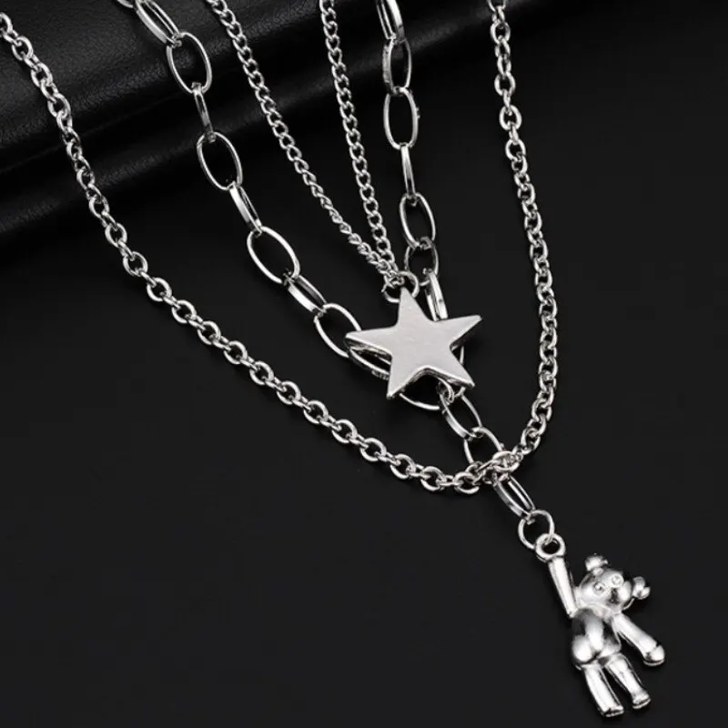 1pcs Vintage Necklace For Men And Women Hip Hop Cold Wind Rabbit Pentagram Pendant Multi Layer Jewelry