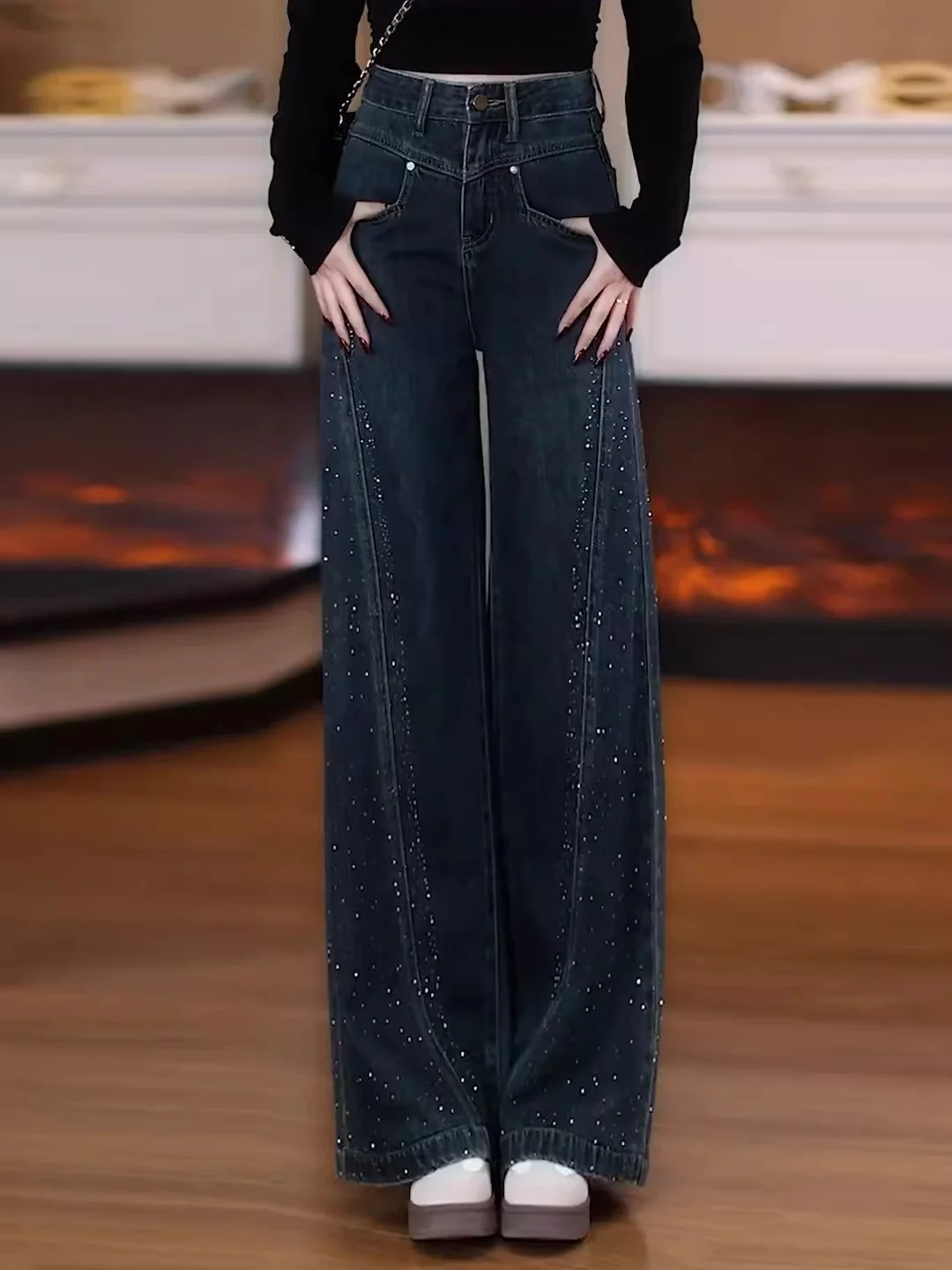 New Women's Wide Leg Jeans with Hotfix Rhinestones Straight Cut Loose Fitting Floor Length Trousers Spring Autumn 2026 Guangz...