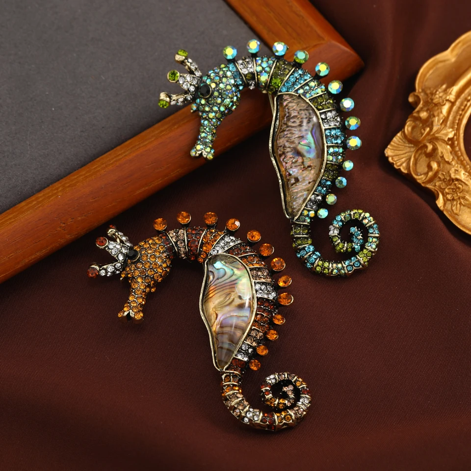 Muylinda Abalone Shell Seahorse Brooches For Women Men 2-color Luxury Wear Crown Rhinestone Hippocampus Brooch Pins Gifts