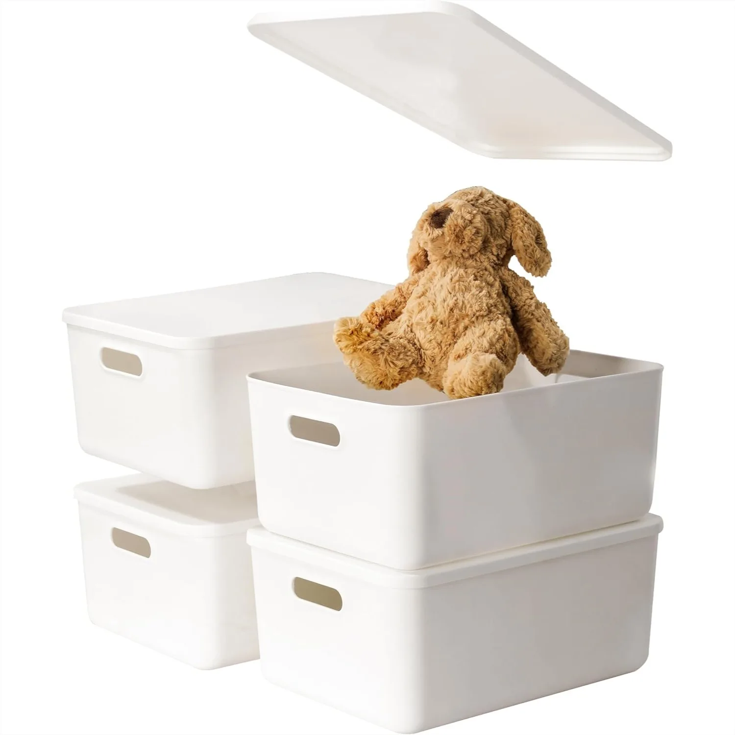 Paquete de 4 Cajas de Almacenamiento Grandes Blancas con Tapas, Caja para Juguetes con Asa para Guardería, Sala de Juegos, Dormitorio, Oficina, Armario