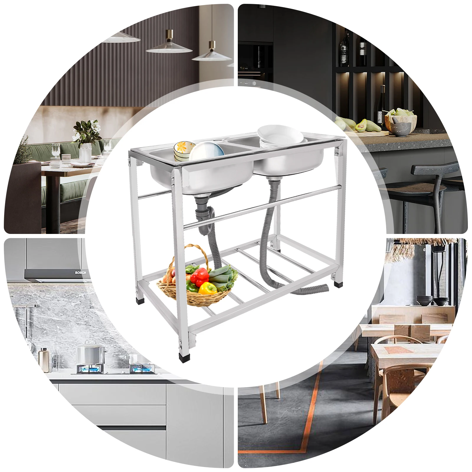 

Stainless Steel Commercial Sink with Double Bowls & Storage – Quiet, Strong, and Durable, Ideal for Kitchens,Restaurants & Cafes