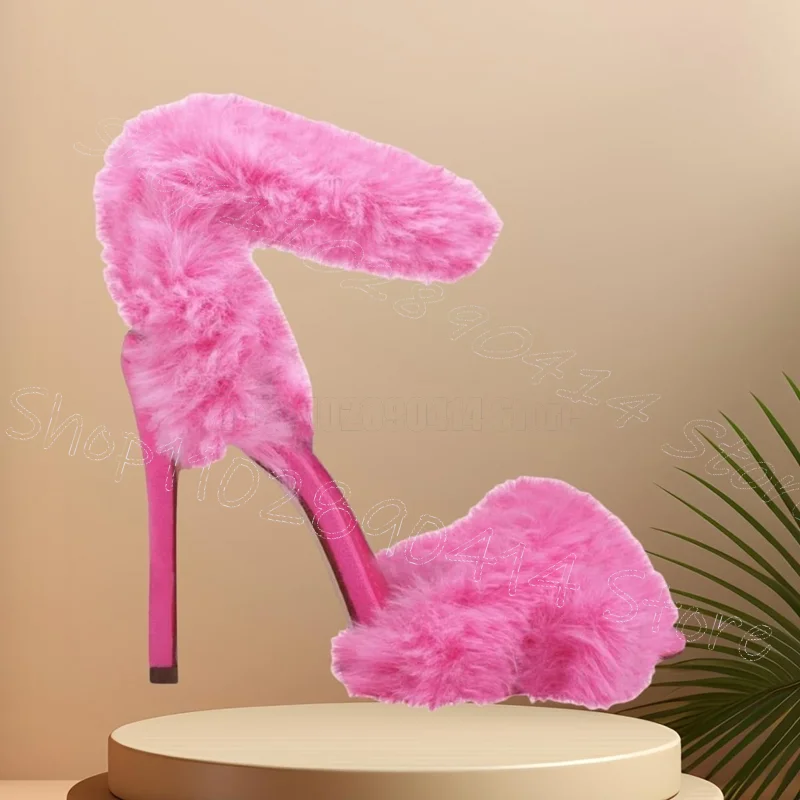

Rose Red Fur Design Open Toe Sandals Slip On Women Shoes Thin High Heels Fashion Party Banquet Dating 2025 Zapatos Para Mujere