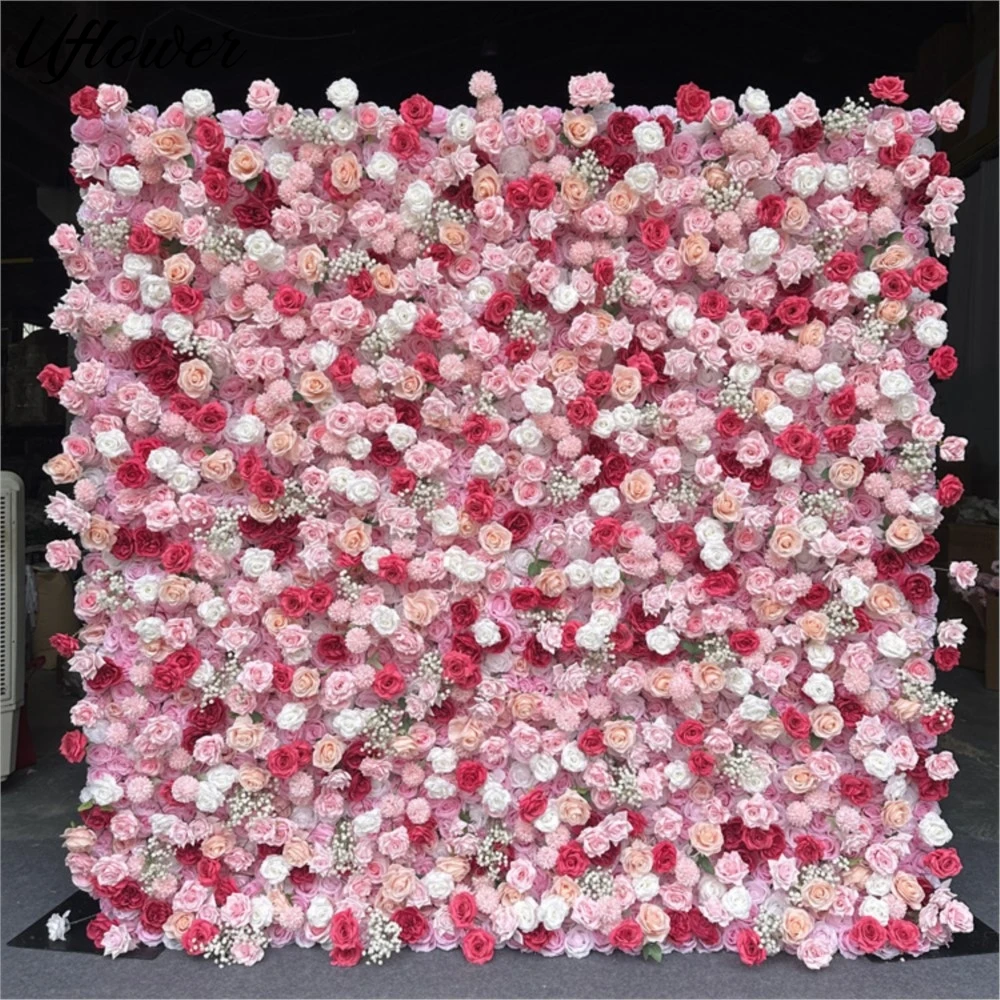 

Uflower Red Pink Rose 5D Cloth Flower Wall Wedding Backdrop Fabric Hanging Curtain Floral Window Display Party Event Props