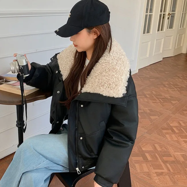 الشتاء خمر موضة جديدة الأمريكية الأوروبية المرأة بدوره إلى أسفل طوق كم طويل عادية العصرية فضفاض مبطن معاطف الإناث بلايز