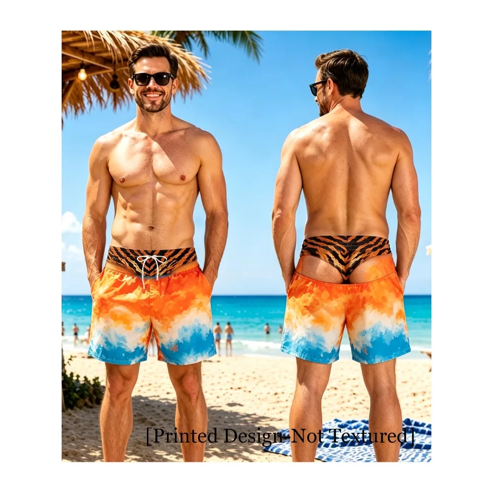 Novelty Funny Men Beach Shorts Fake Underwear Design Tie Dye Gradient Pattern Elastic Waist Quick Dry Swim Trunks Prank Shorts
