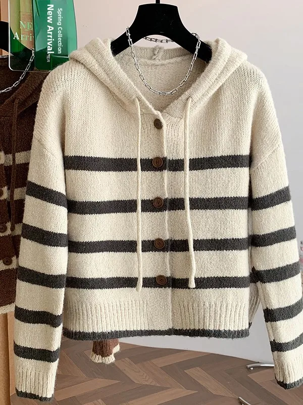 女性の秋冬ルーズニット帽子セーターストライプカジュアル Sle ファッショナブルな怠惰なヴィンテージトレンディな新着トップ