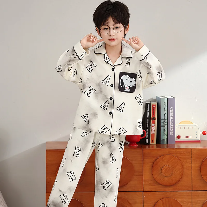 Cartoon 2Pcs Snoopy Children Pajamas Tops Pants Anime Kawaii Boys Girls Parent-Child Pjs Fashion Long-Sleeved Student Homewear