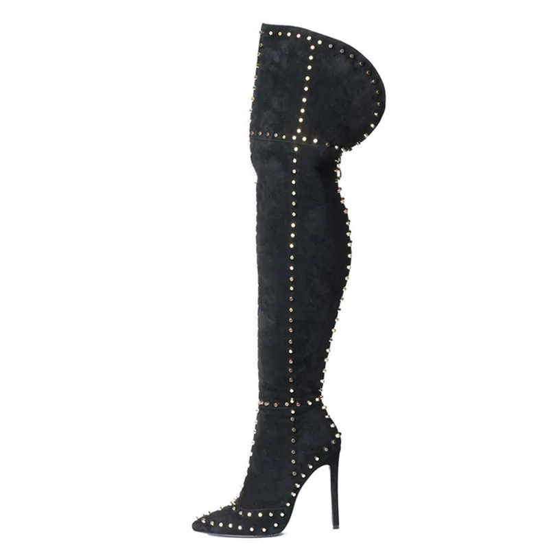 

Sexy Black Suede Slim Fit Pointy Stiletto Heel Thigh High Boots Fashion Rivets Stud Over The Knee High Boots Fancy Long Boots