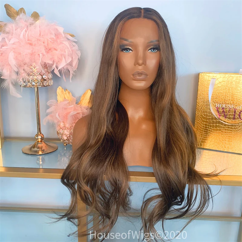 

New Style 13x4 Middle Part Ombre Honey Brown Highlight Wig High Quality Synthetic HD Lace Front Wig Small/Large Size Cao 28 Inch