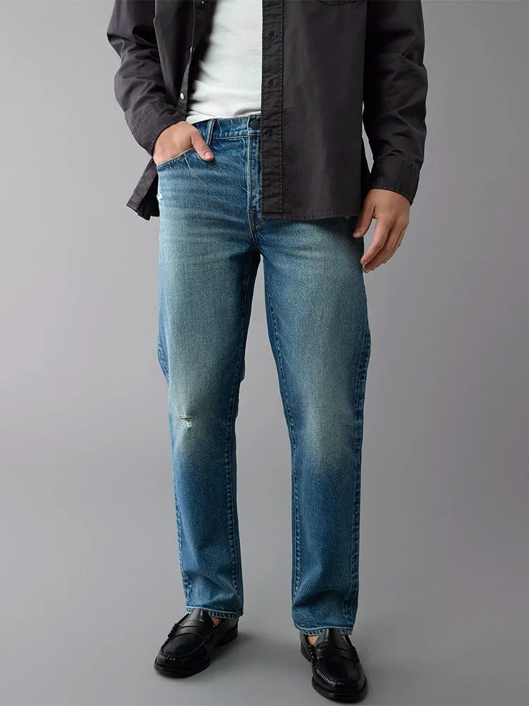 

Мужские джинсы с высокой талией, рваные, синие, из денима, удобные, дышащие, из смесового хлопка, для осеннего сезона