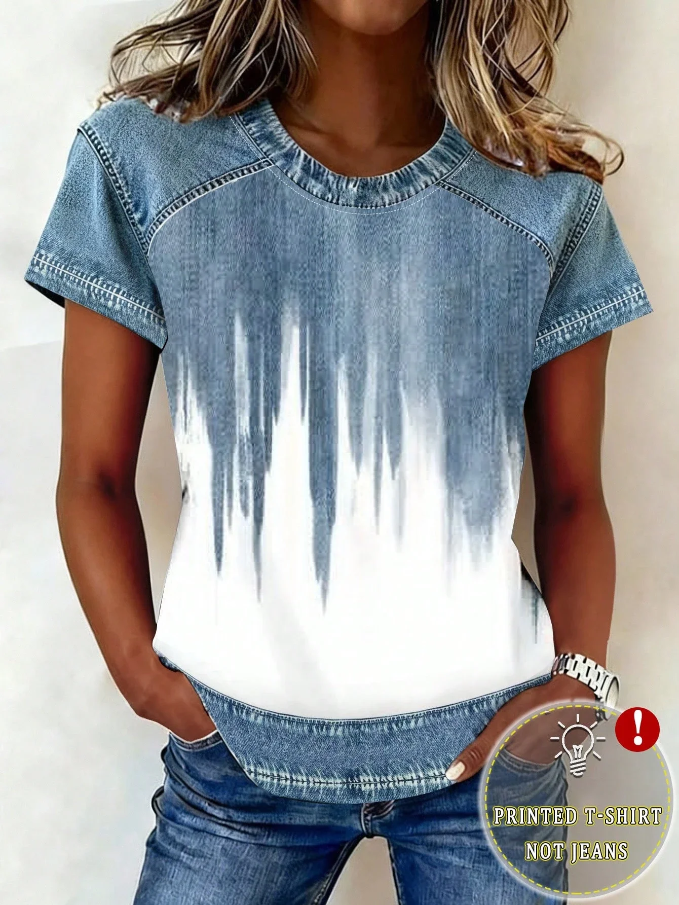 

Denim Print Round Neck Casual Short Sleeve T-Shirt For Women