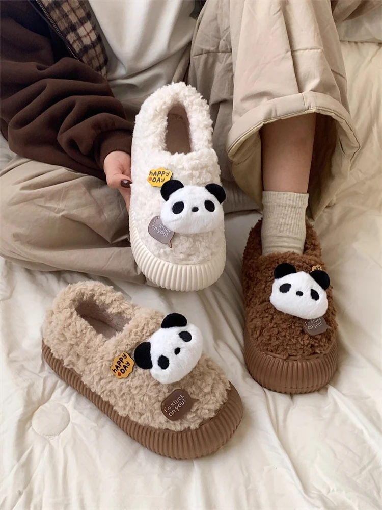 New Style Lazy Panda Cotton Shoes Warm All-Match Winter Women's Outdoor Sheepskin Bread Shoes Cute round Toe Flat Heel EVA Ou...