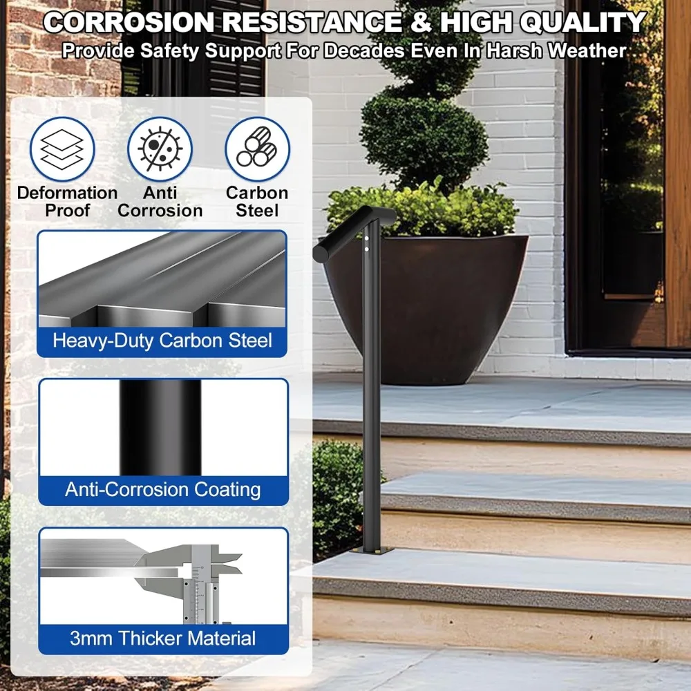 درابزين فردي بخطوة 1-2 - حاجز درج خارجي - درابزين حديد مطاوع واحد مع مجموعة أدوات DIY، مسحوق حاجز يدوي أسود 38 ساعة #4