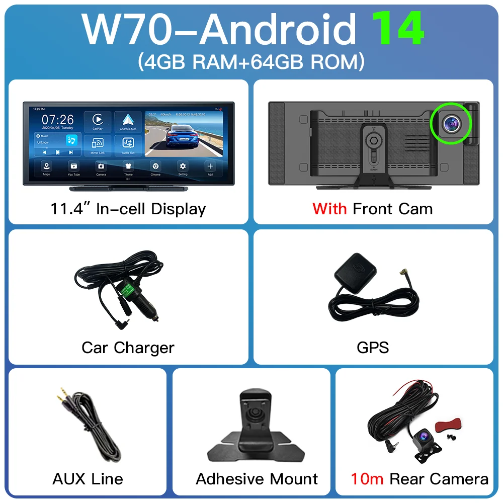 Imagebon W70 11.4 "Android 14 6 + 128G 8 Core Dashcam Draadloze CarPlay & Android Auto Youtube Google Play Dual Lens GPS Auto DVR