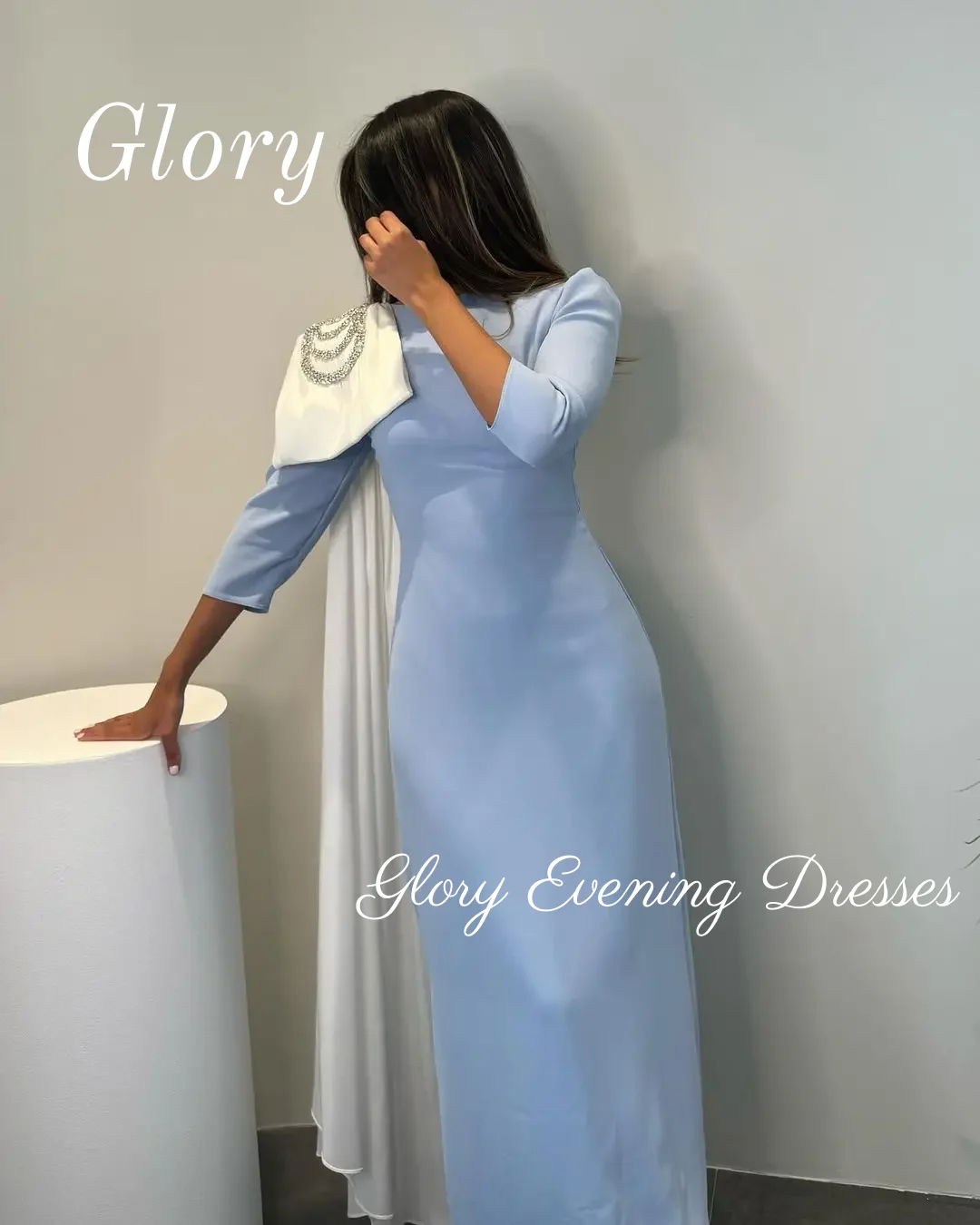 Saudi-Arabien Himmelblaue Abendkleider für Damen, knöchellang, A-Linie, Ballkleider, Träger, Rüschen, ärmellos, formelle Partykleider