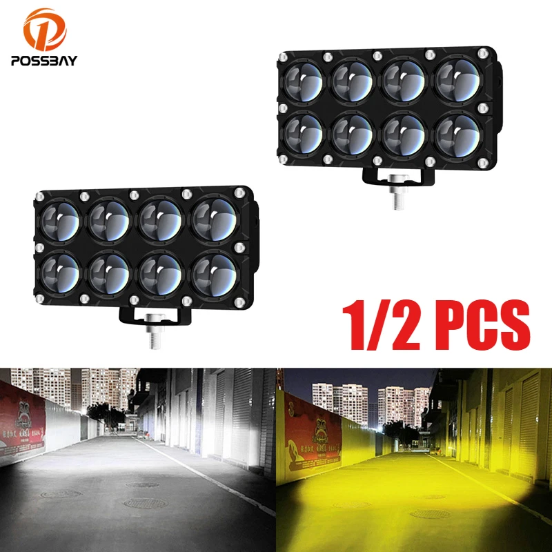 1/2PCS 8 Lens 32W Motorcycle Headlight White Yellow Hi/Low Beam LED Auxiliary Fog Lights Assembly Driving External Spotlight