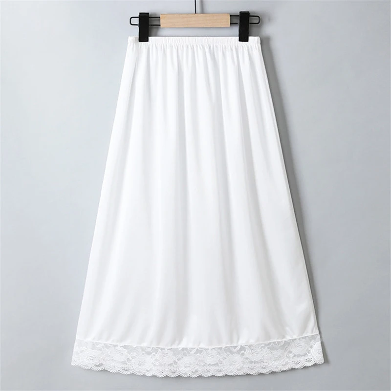 Women 75cm Lace-Edged Half-length Bottoming Skirt Ice Silk Lightweight Anti-glare Lining Skirt Solid Mid-length Female Half Slip