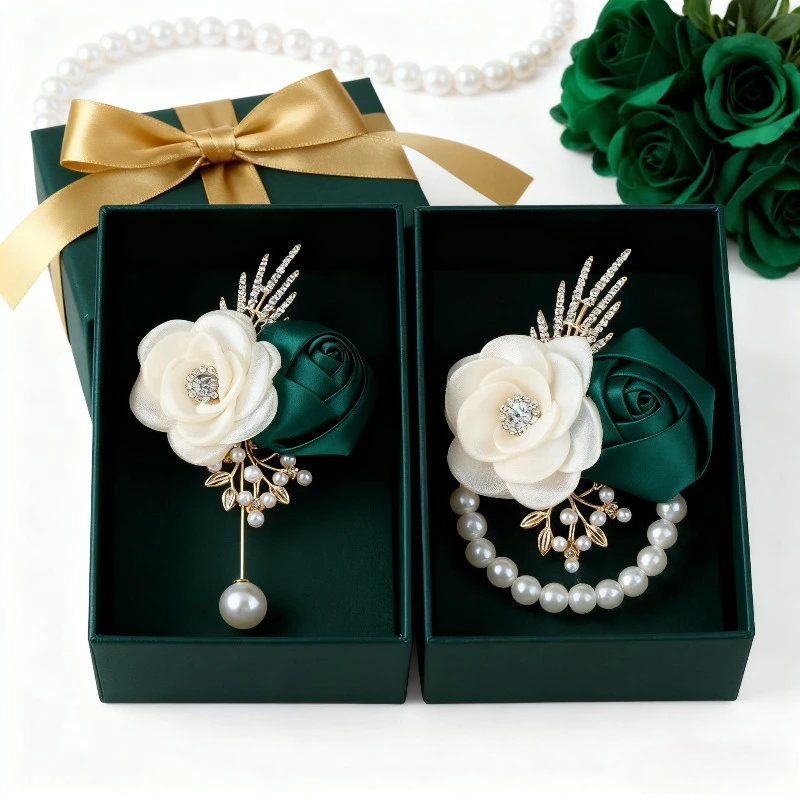 2 Buah Set Bunga Dada Pengantin dan Pengantin Pria untuk Pernikahan, Bunga Pergelangan Tangan Elegan dan Aksesoris Buket DIY untuk Pesta Pernikahan