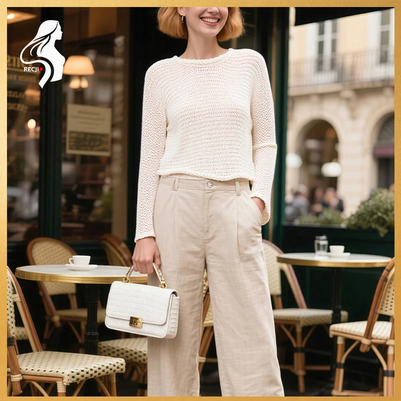 

RECJI New Fall Womens Fashion Off White Cutout Flared Sleeve Knit Crew Neck Loose Fit Bohemian Fashion Sweater Trafizaran