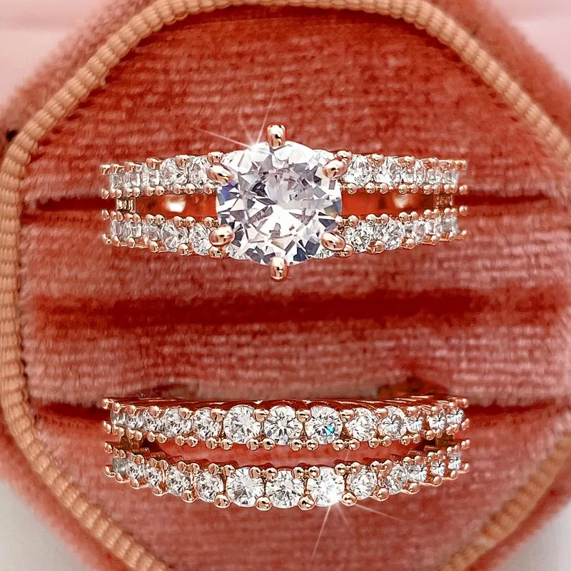 Huitan Trendy Hohl Set Ringe Voll Bling Iced Out CZ Stein Luxus Frauen Hochzeit Verlobung Ringe 2Pcs Set Schmuck drop Shipping – Detail 11