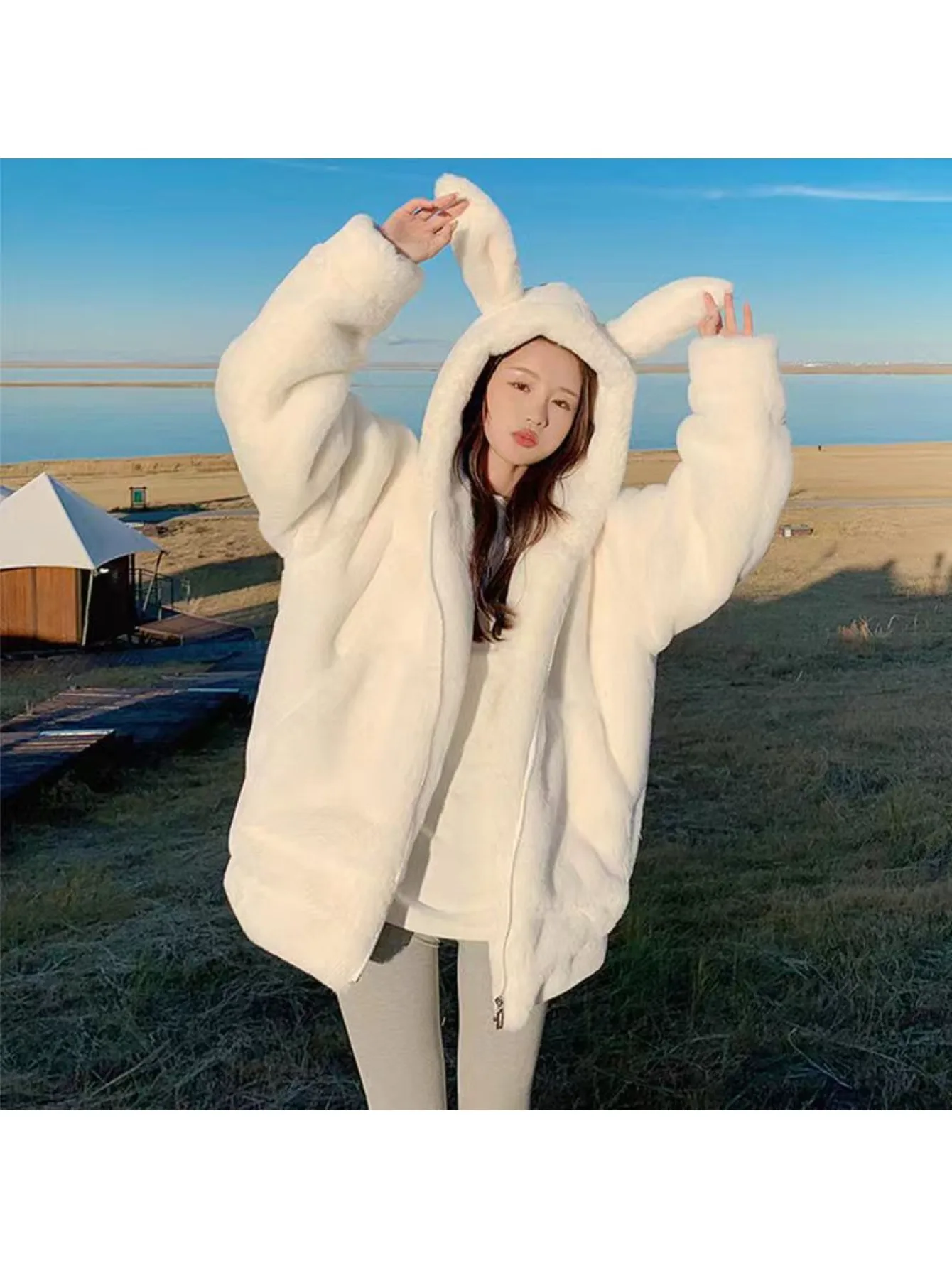 Women's Winter Coat Soft Fluffy with Cute Rabbit Ear Details Milk Fufu Color