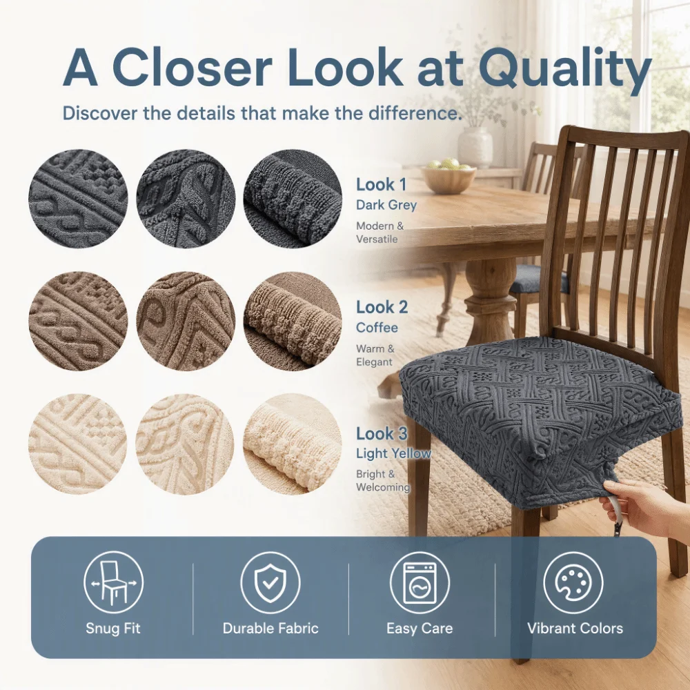 Non-Slip Jacquard Dining Chair Slipcover Solid Color Tongue and Buckle Stool Cover Anti-dirty Removable Elastic Chair Cover