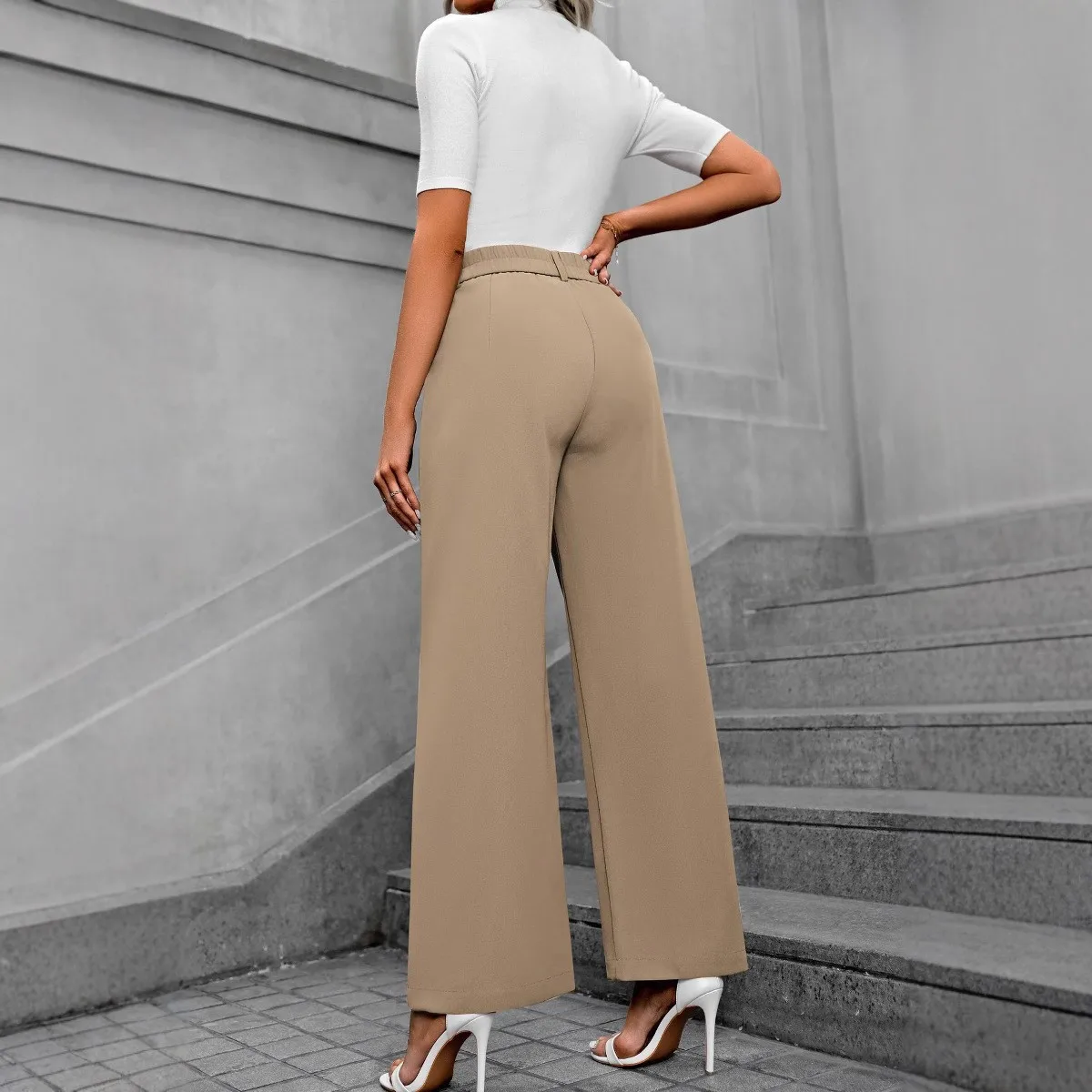 Women Pants Casual Beige High Waist Trousers Lightweight Pleated Front Wide Leg Pants Button Closure Navy Pink White Pants