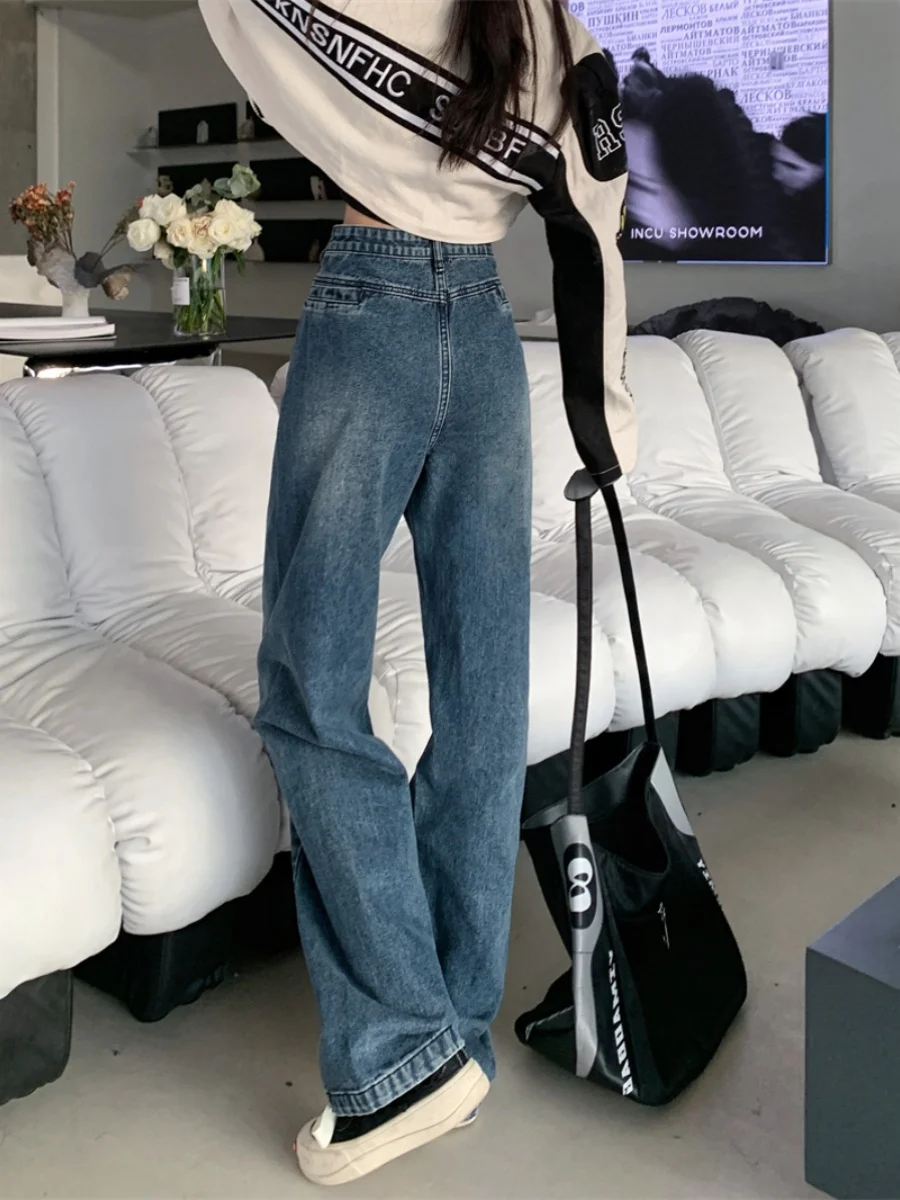 하이웨이스트 와이드 레그 데님 진 여성용 루즈 슬림 스트레이트 레그 팬츠 플로어 렝스 바지 가을 패션 플러스 사이즈