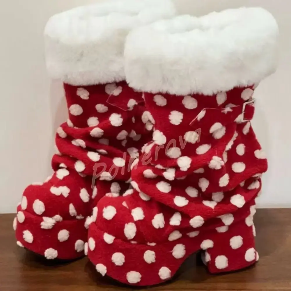 Platform Fur Cuff Polka Dot Boots Slouchy Chunky Block Heel Y2K Women Mid Calf Boots Winter Warm Gothic Lolita Party Boots
