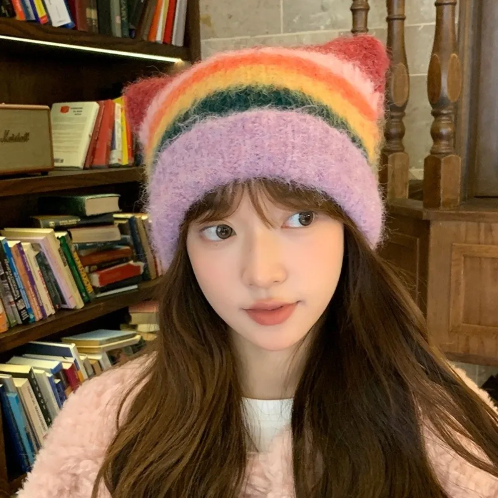الموضة الملونة آذان القط البلوز قبعة التدرج النمط الياباني الصوفية محبوك قبعة Y2k قوس قزح قبعة صغيرة نسائية السيدات