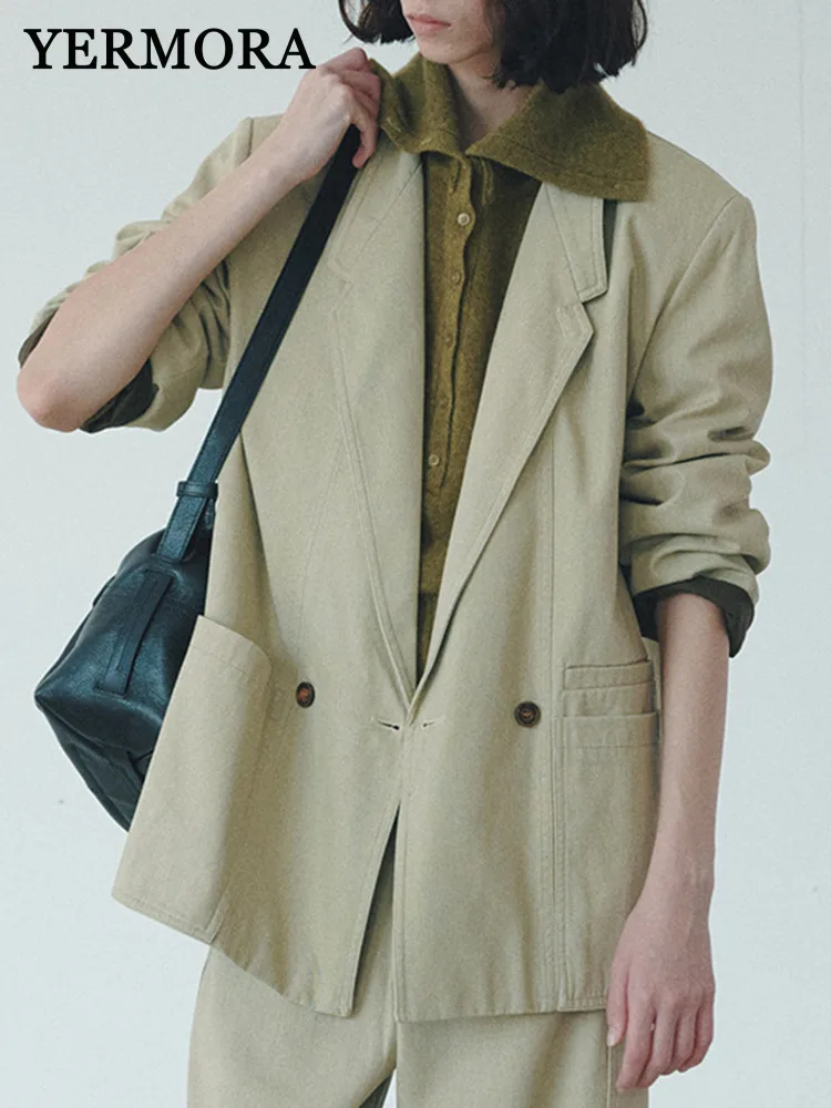 

YERMORA Gray Asymmetric Pockets Casual Blazer For Women Lapel Long Sleeve Loose New Jacket Fashion Tide Spring Autumn 2025