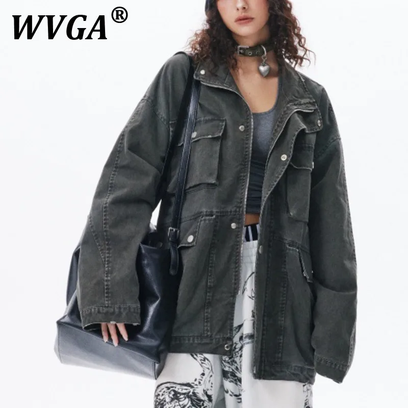 

WVGA Coats Spring Autumn New Men's Tide Multi-Pocket Washed Trendy Design Niche Chic Casual Stand Collar Jackets Ins Y2K W11257